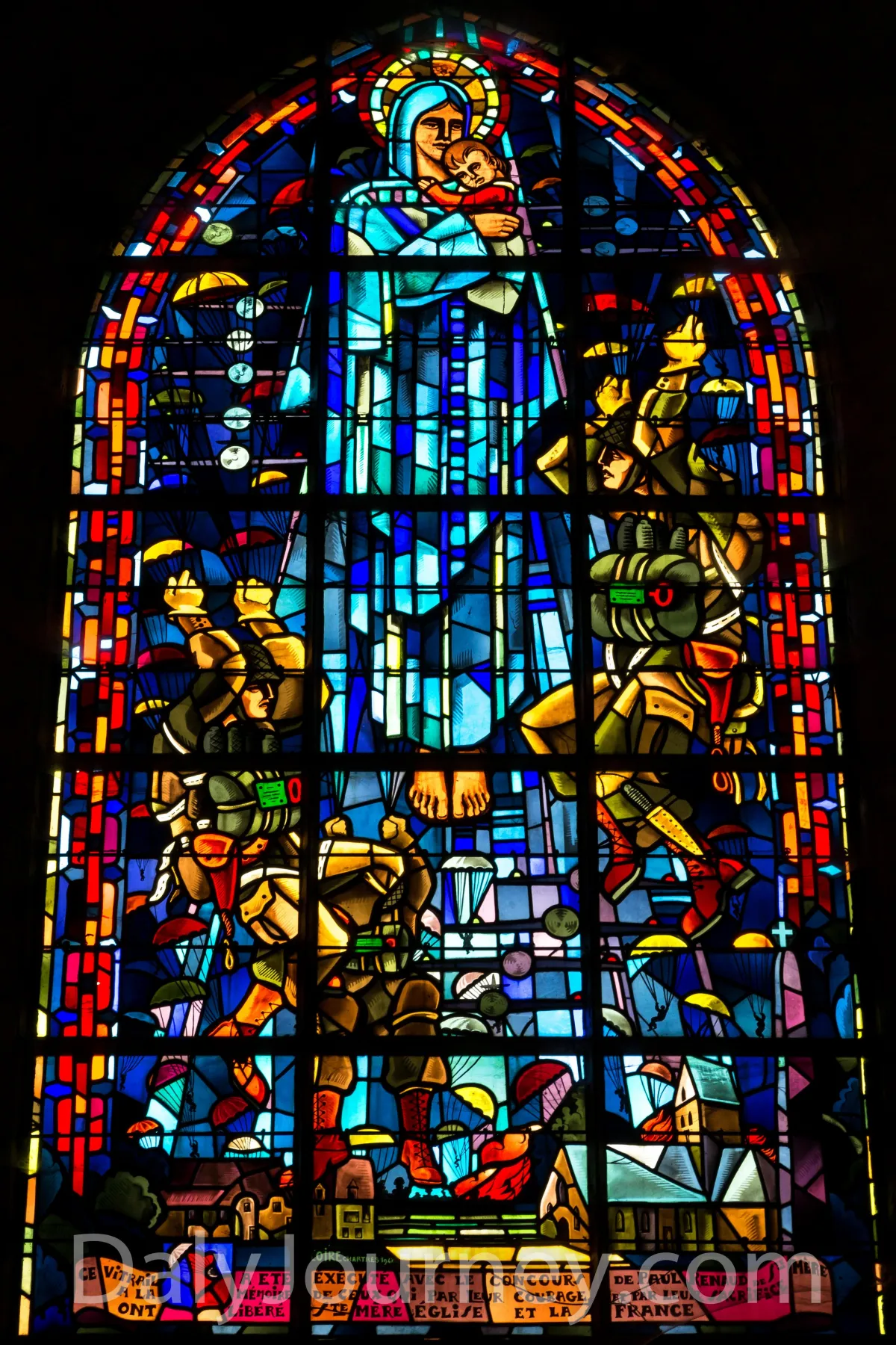 Stained glass window from Sainte-Mere-Eglise paying tribute to the US paratroopers