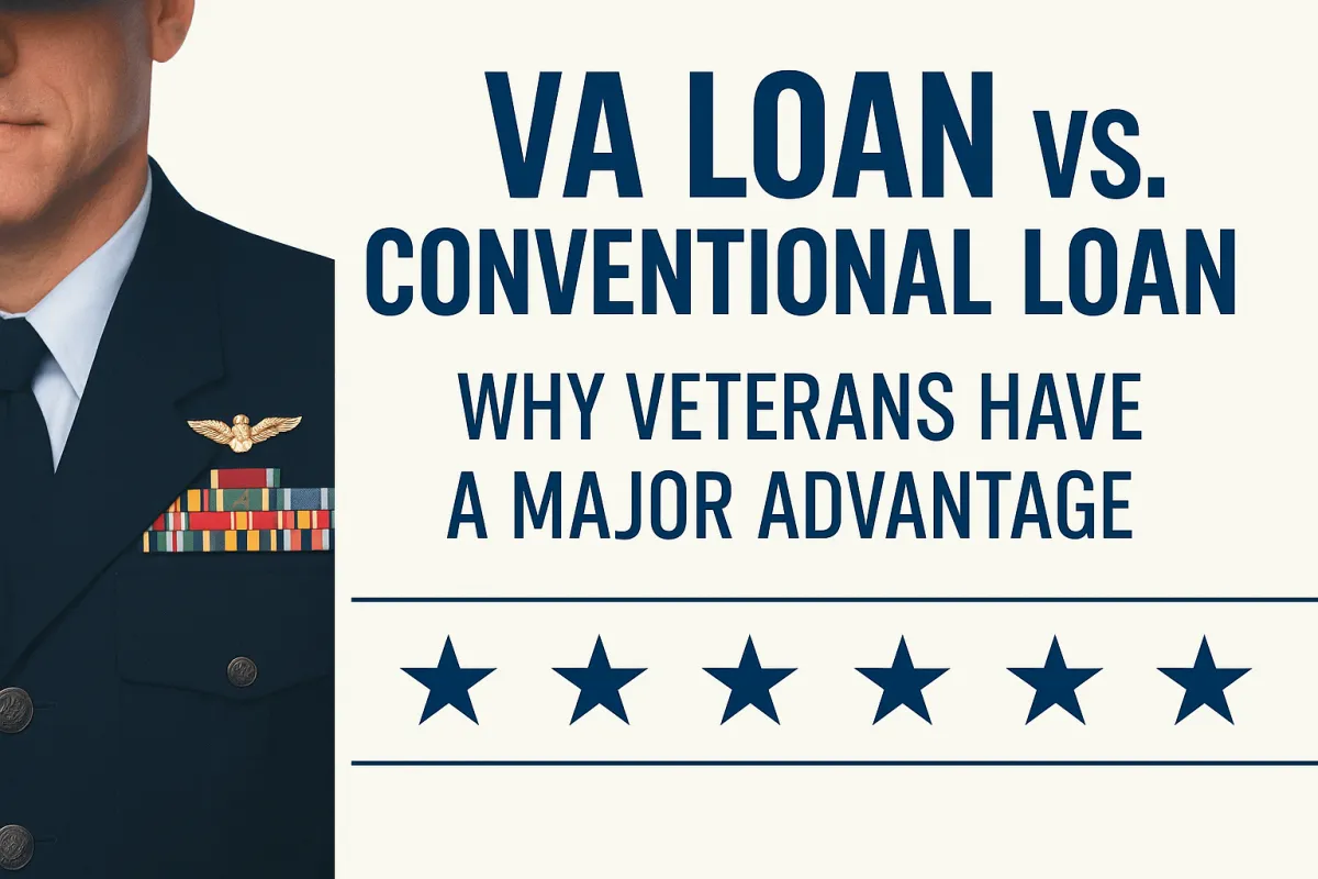Patriotic cover image showing a uniformed U.S. military veteran beside bold text that reads ‘VA Loan vs. Conventional Loan – Why Veterans Have a Major Advantage,’ with six blue stars beneath