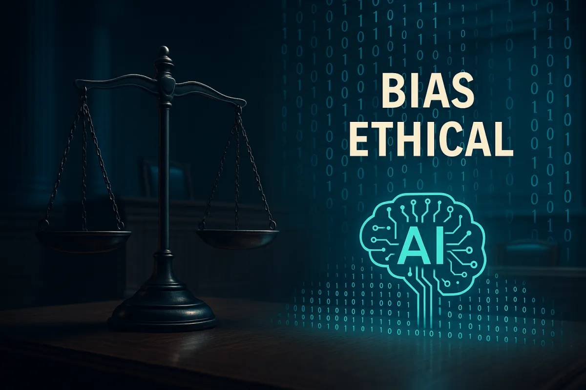 AI ethics concept with scales of justice and digital bias visualization