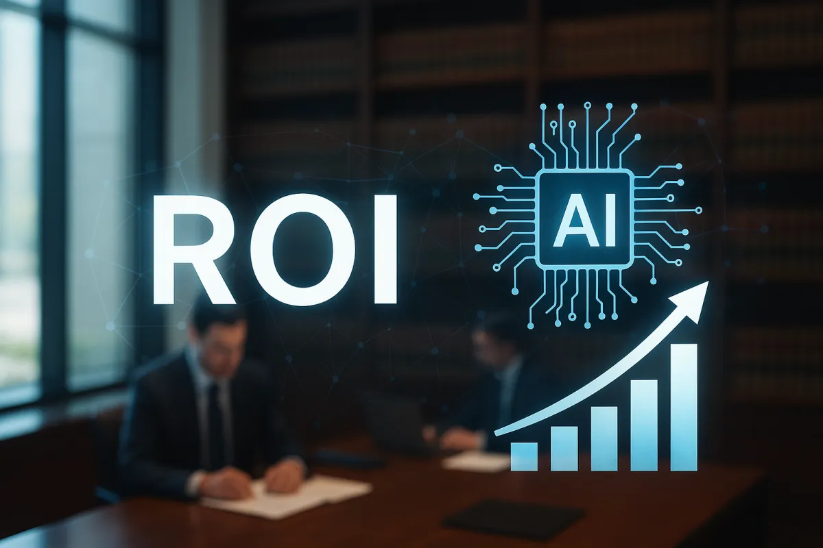 “Law firm professionals analyzing legal data with glowing AI and ROI graphics, symbolizing artificial intelligence investment and profitability in the legal industry.”