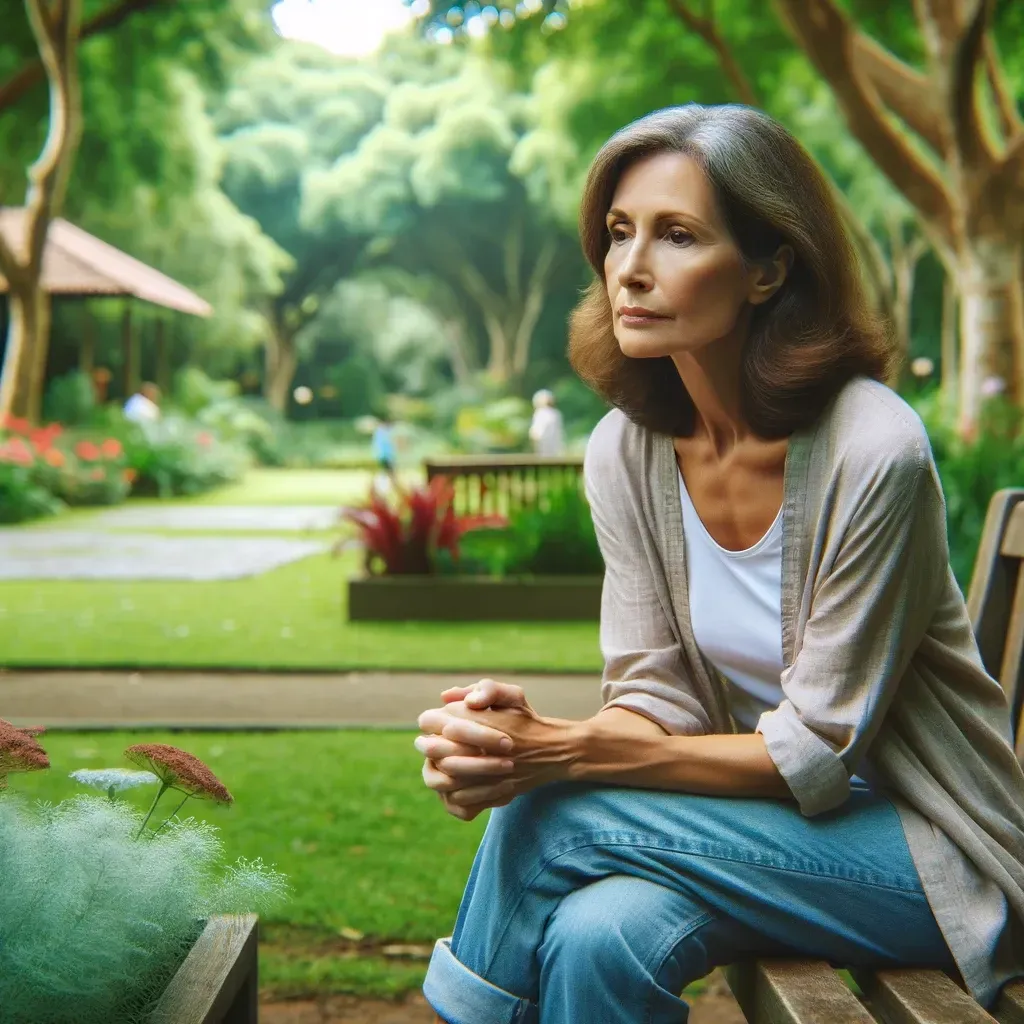 Here is the image of a contemplative middle-aged woman sitting in a tranquil park, reflecting on a profound life event.