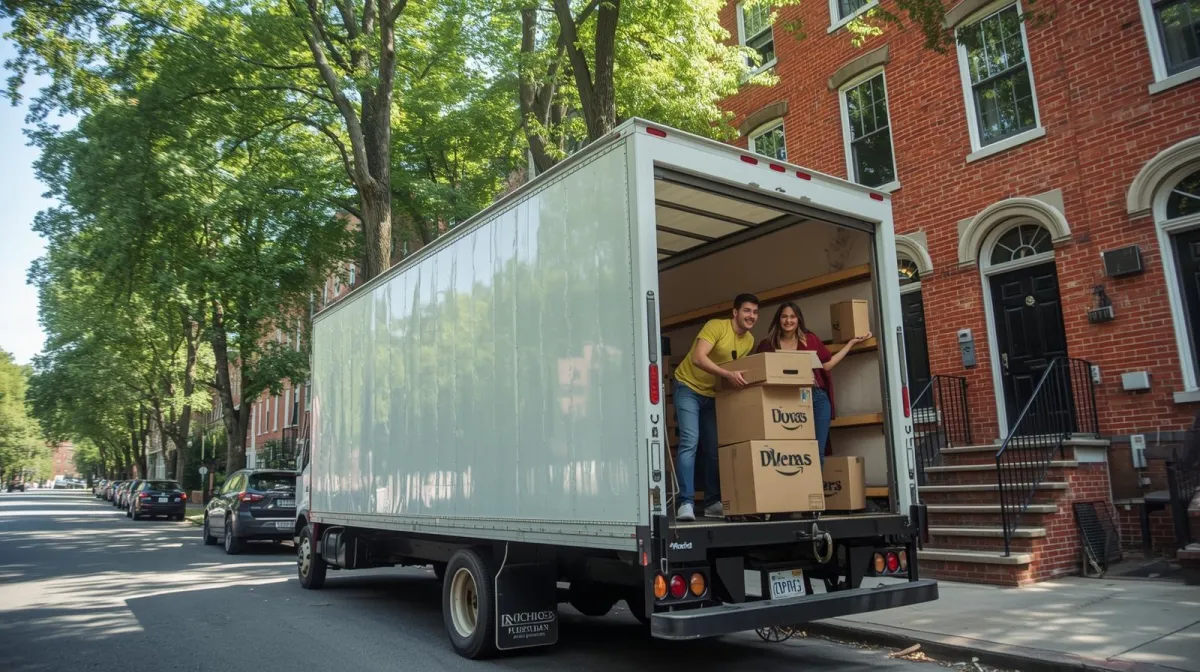 Moving truck crossing the bridge from Burlington County NJ to Philadelphia with boxes and furniture inside.