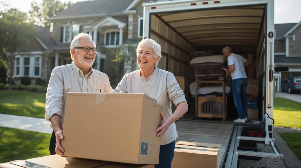 Senior couple in Moorestown packing boxes with help from professional movers.