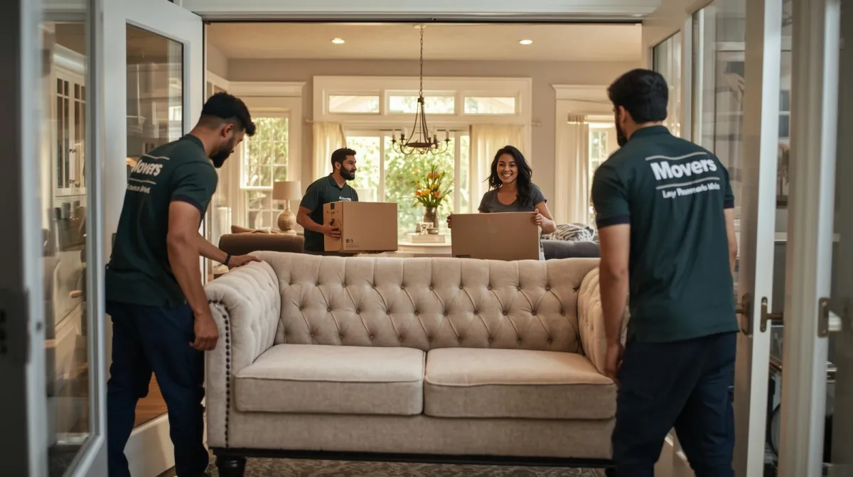 Professional movers carrying furniture during a short-distance move in Cinnaminson NJ.