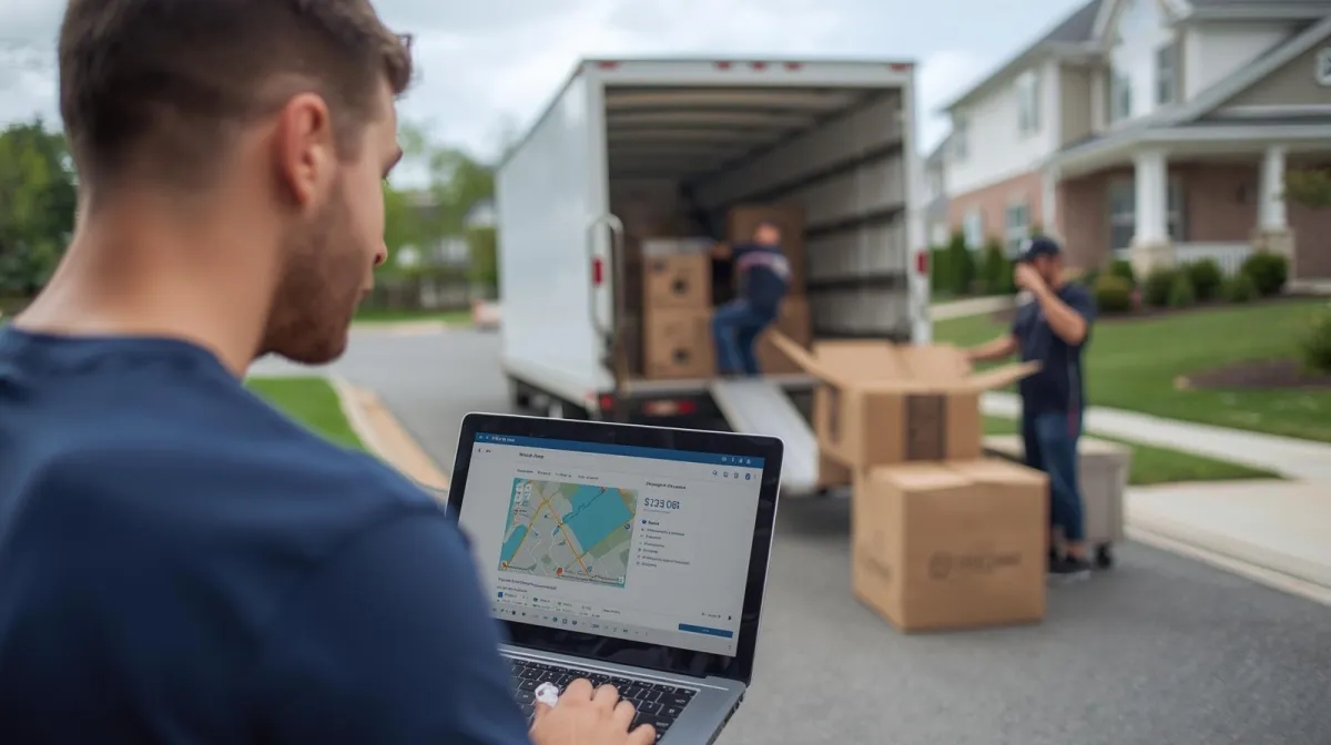 Mover updating a laptop with Google Maps listing on the screen