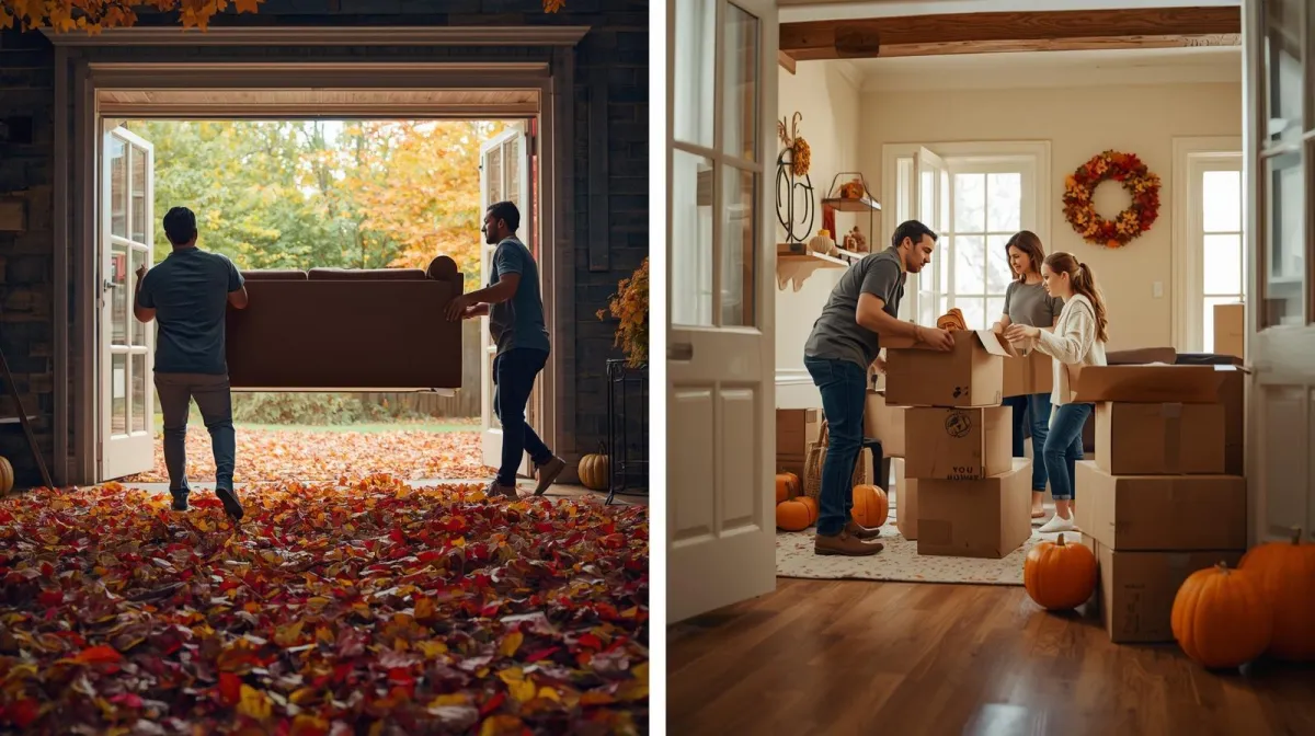 Movers carrying a couch into a home surrounded by colorful fall leaves.