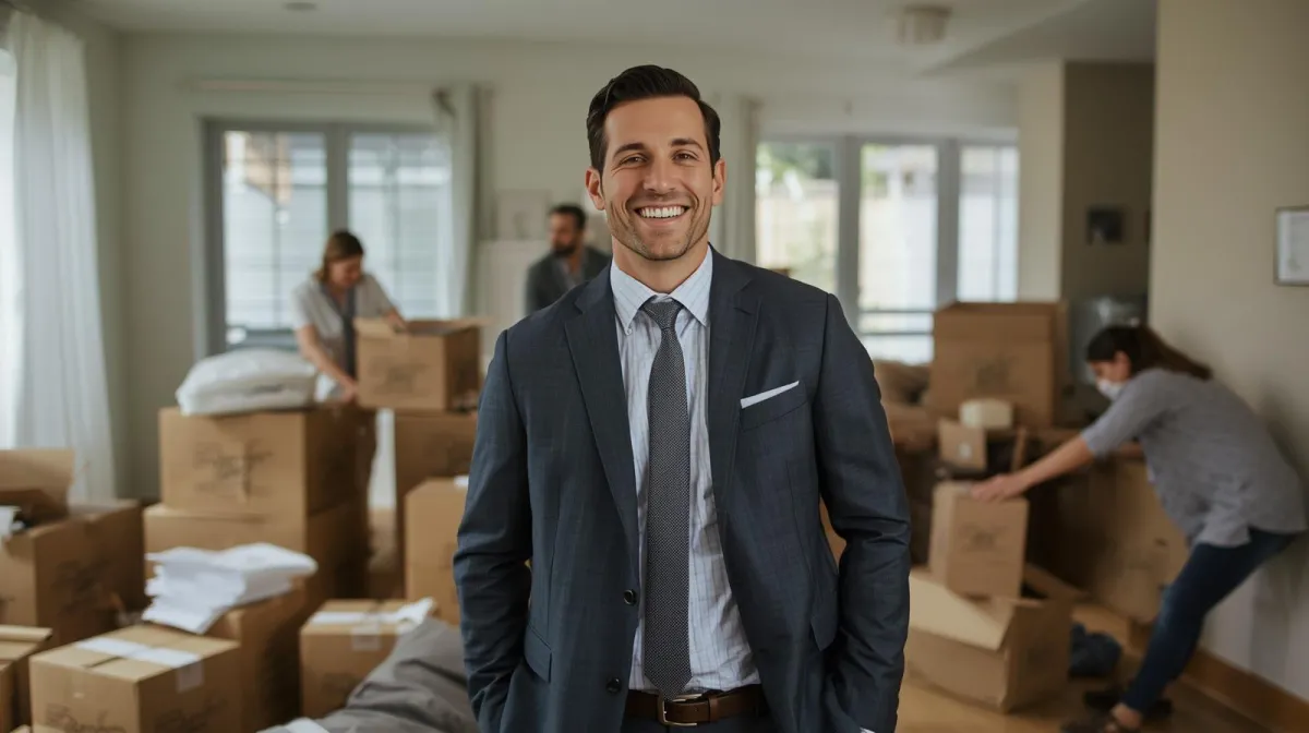 Professional movers carefully packing boxes while a professional works in the background.
