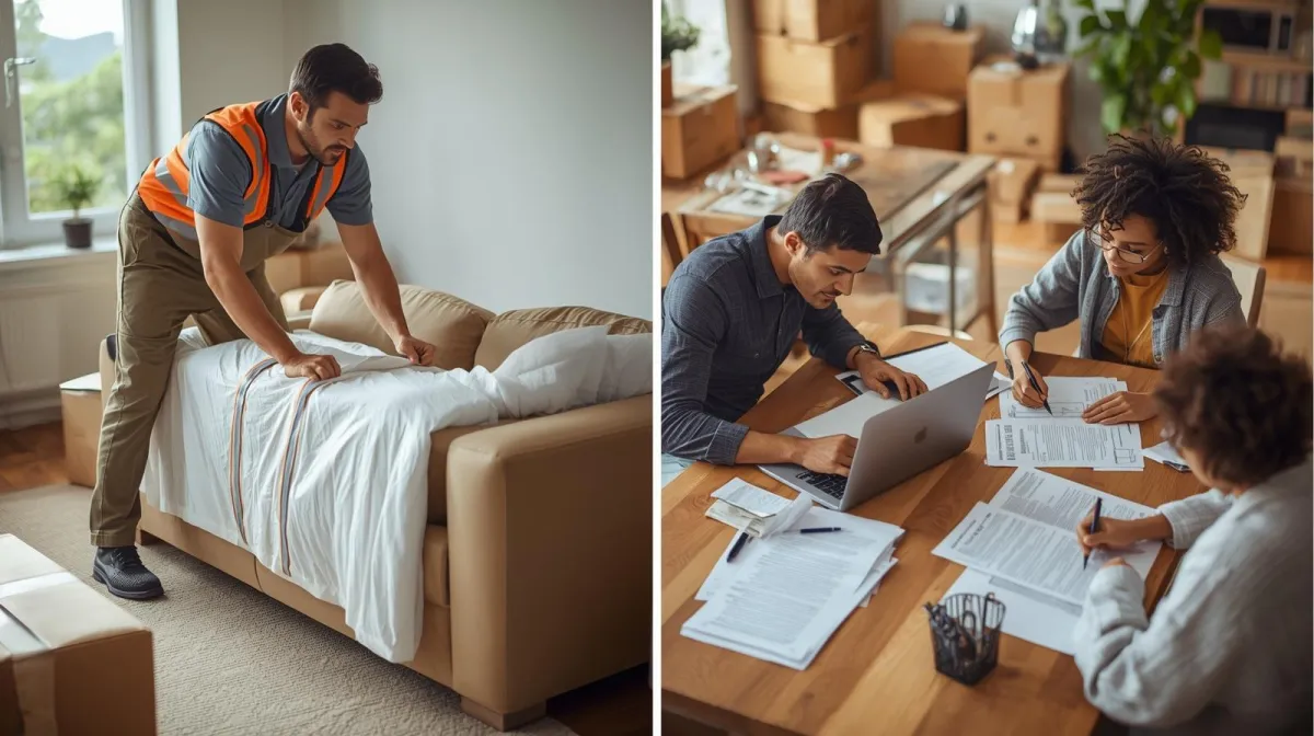 Family reviewing moving insurance paperwork at their kitchen table.