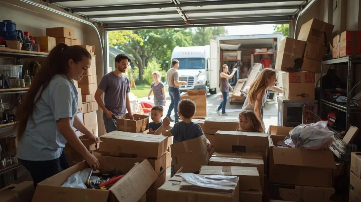 Family organizing tools and boxes in a garage before moving day.
