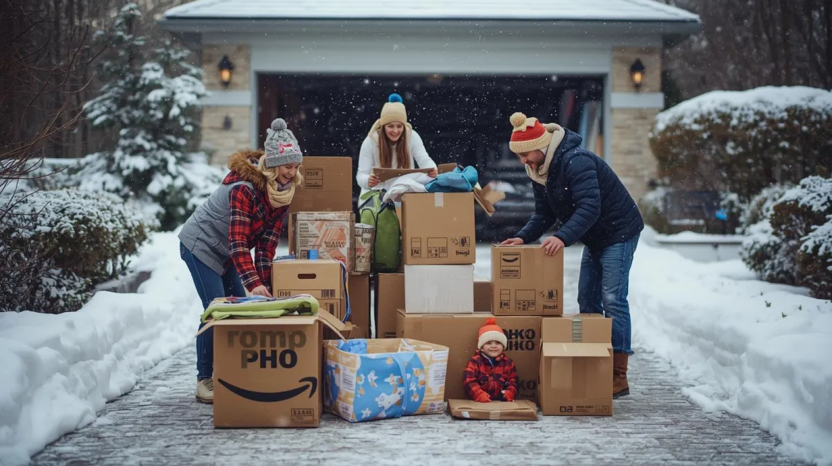 Movers carrying boxes on a snowy driveway in Burlington NJ