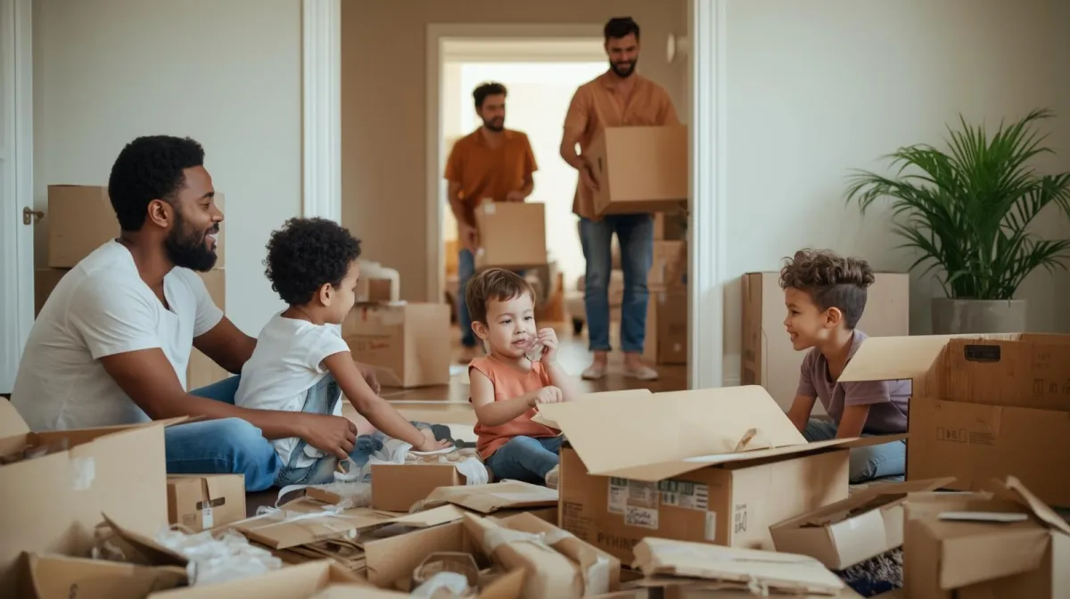 Family sitting on floor of new home, kids playing with boxes.