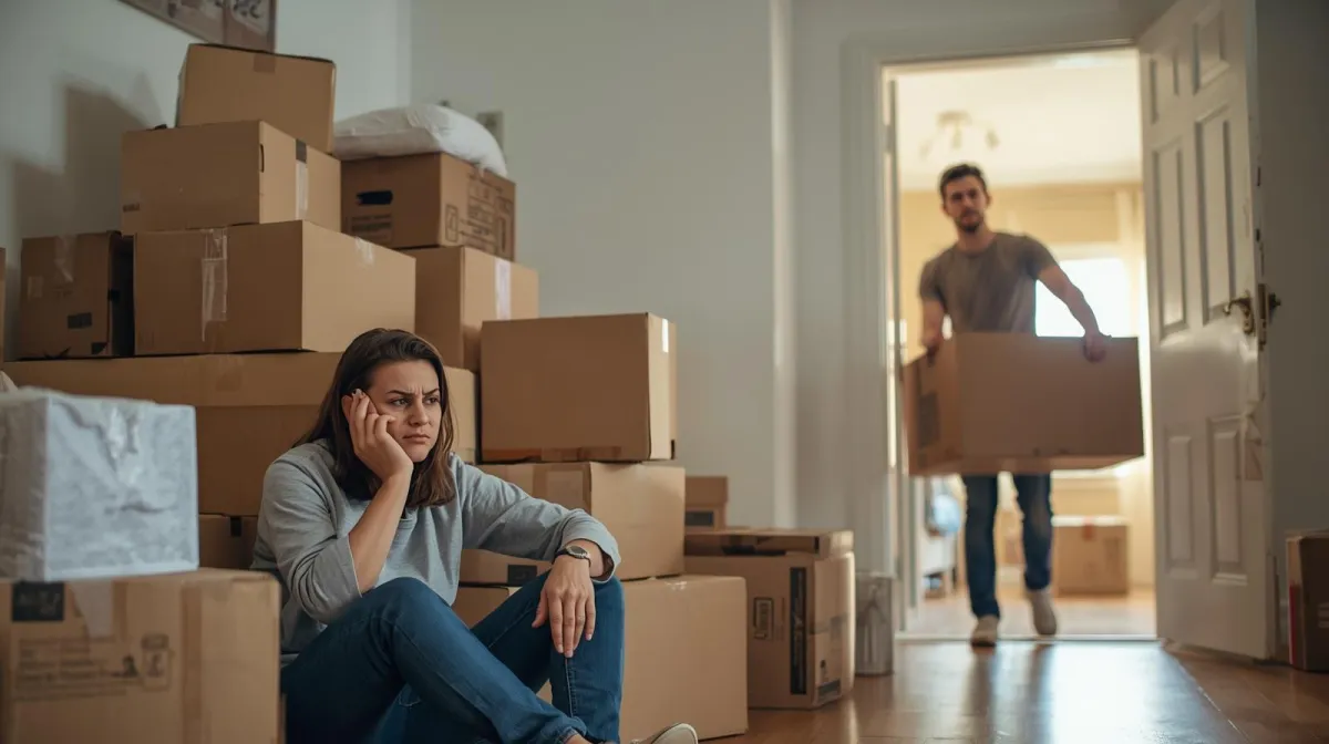 Homeowner on phone while surrounded by moving boxes.
