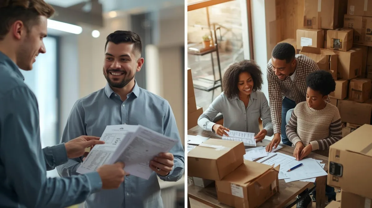 Movers carrying boxes into home decorated with holiday lights.