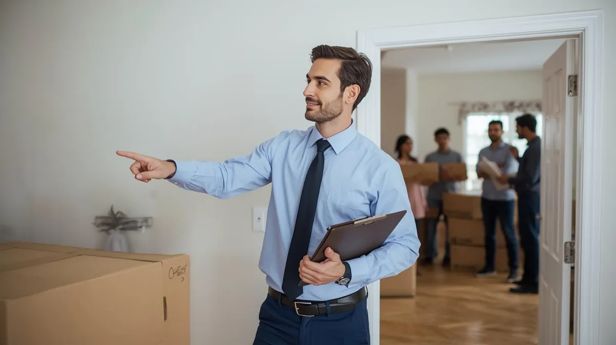 Mover with clipboard doing a walkthrough inside a home.