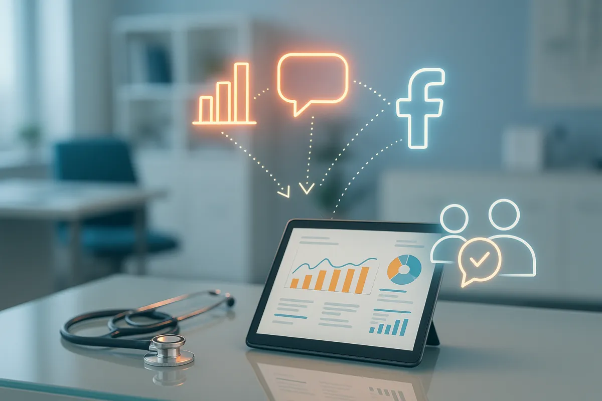A modern fertility doctor's office with a data analytics dashboard on a tablet and glowing icons representing marketing channels, symbolizing data-driven patient attribution for IVF clinics.