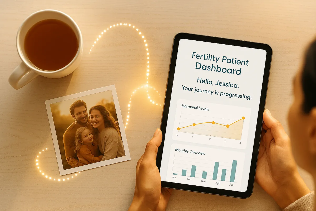 a coffee cup, nuclear family photo and patient profile dashboard