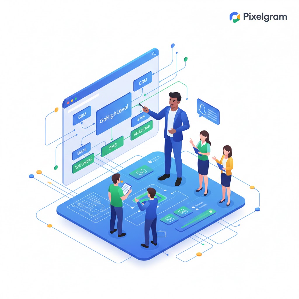 D isometric illustration of a professional CRM consultant configuring a GoHighLevel sales and marketing CRM platform.