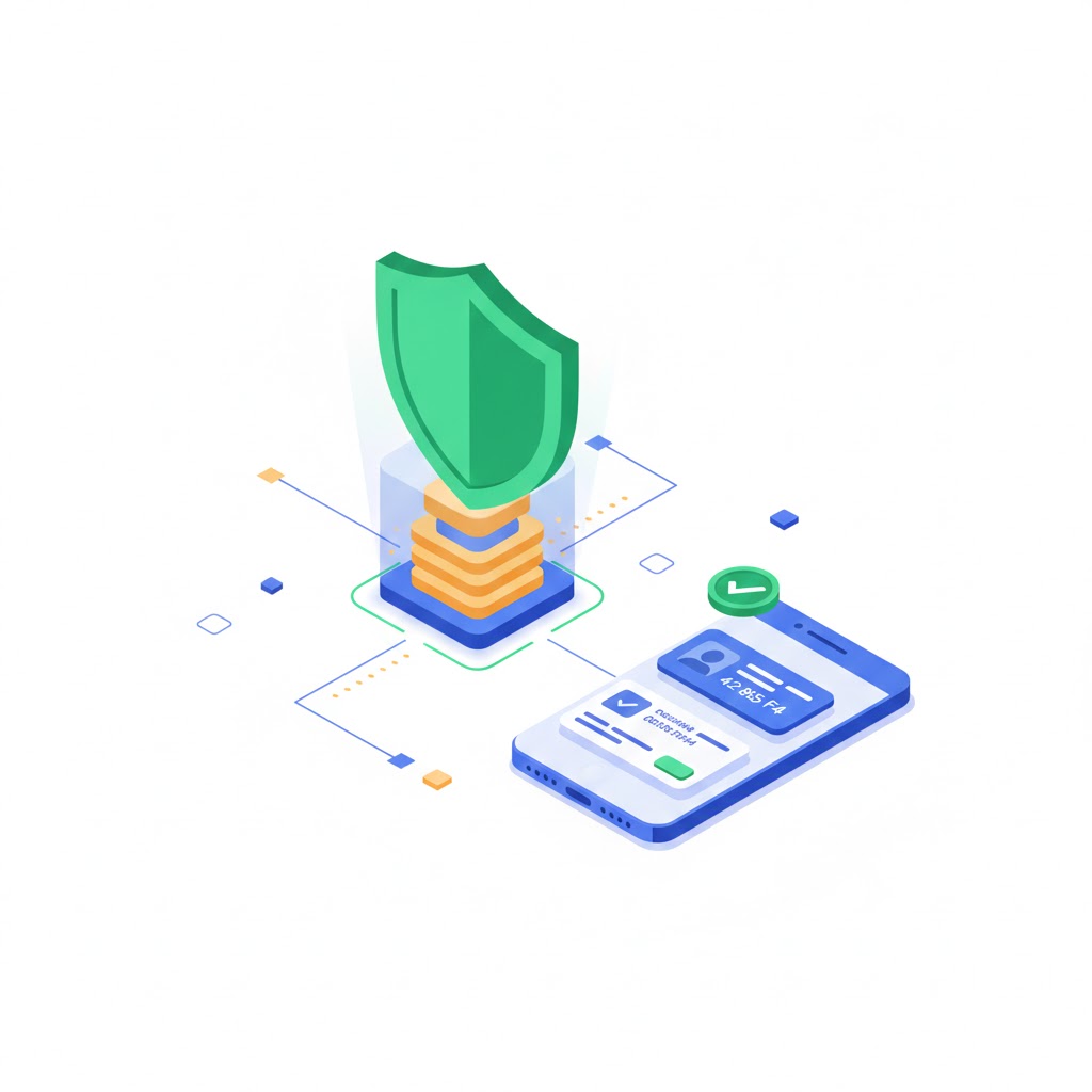 3D isometric illustration of data security and privacy protection for digital business cards and CRM systems.