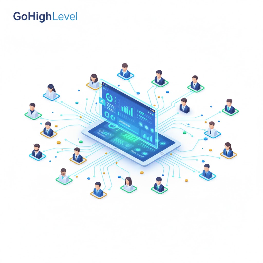 3D isometric illustration of a CRM system facilitating a professional business networking web.