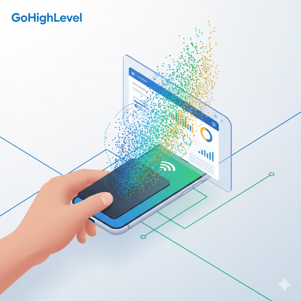 3D isometric illustration of an NFC digital business card automating contact entry into a GoHighLevel CRM.