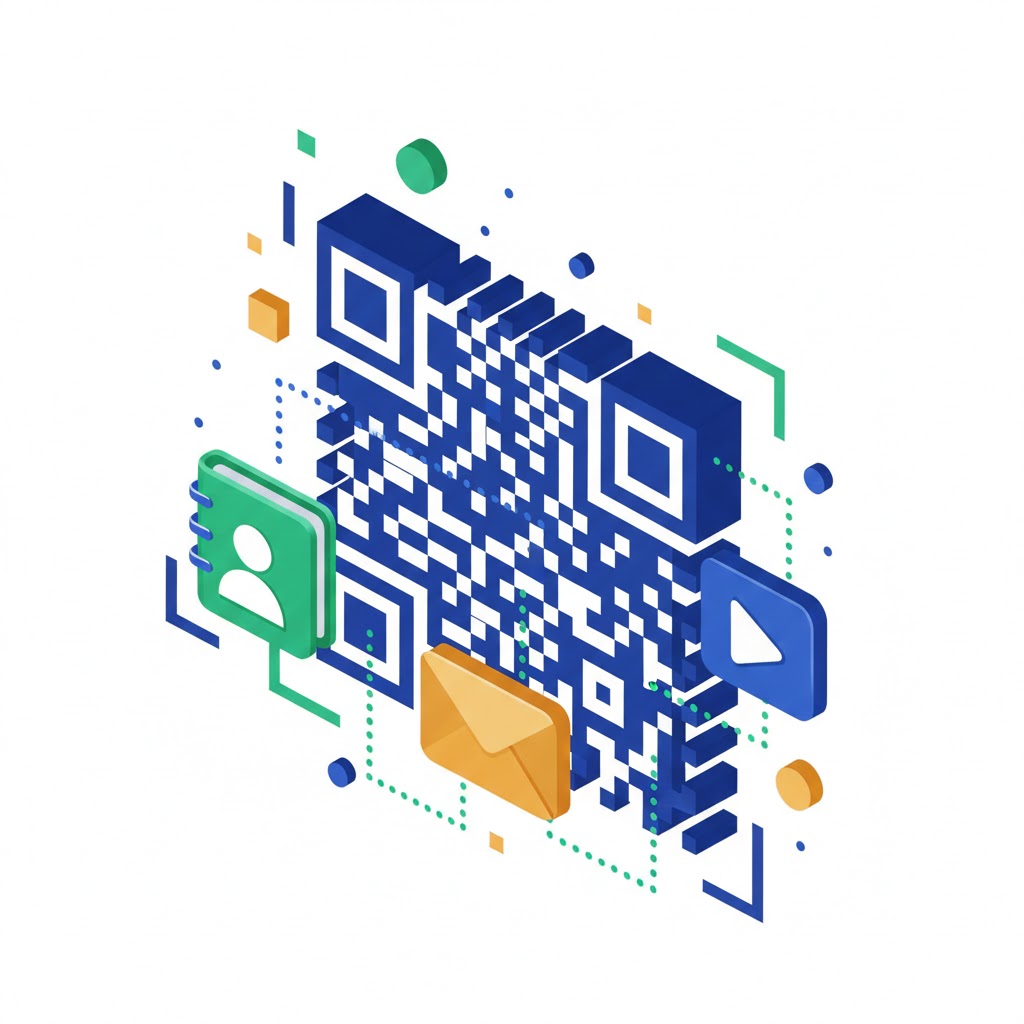 3D isometric illustration of a QR code acting as a gateway to digital business card information and CRM automation.