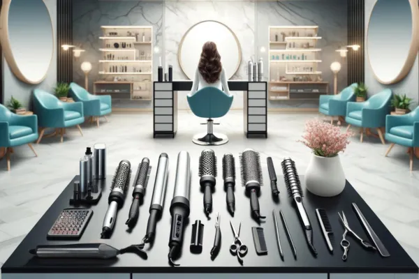 A modern hair salon setting with various hair styling tools, including curling irons, flat irons, hot brushes, hair dryers, and hair rollers, neatly arranged on a stylish table, hinting at a professional stylist's work area. The setting is sleek and inviting, suggesting a high-end salon