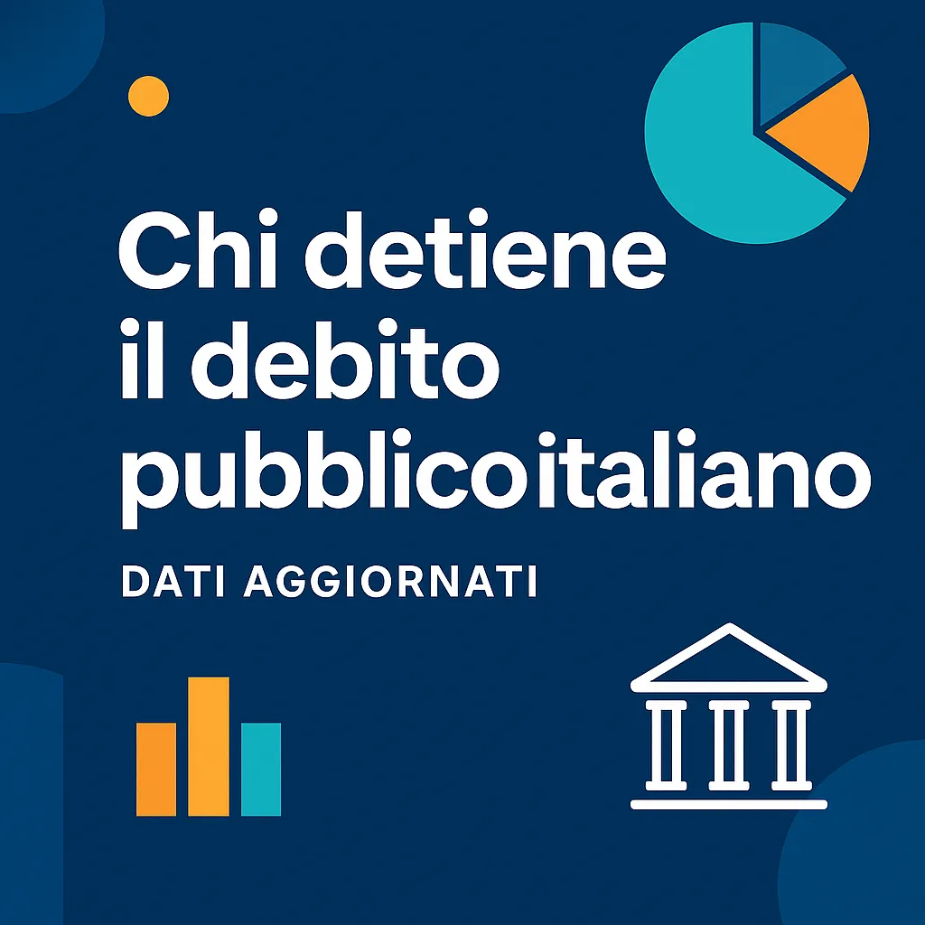 Infografica moderna con titolo “Chi detiene il debito pubblico italiano – Dati aggiornati”, dedicata alla composizione del debito pubblico italiano 2025 secondo dati ufficiali Banca d’Italia e Osservatorio CPI.