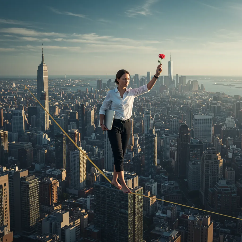 Professional woman walking a tightrope above a city skyline, balancing a laptop and a flower, symbolizing work-life harmony for career-driven women.