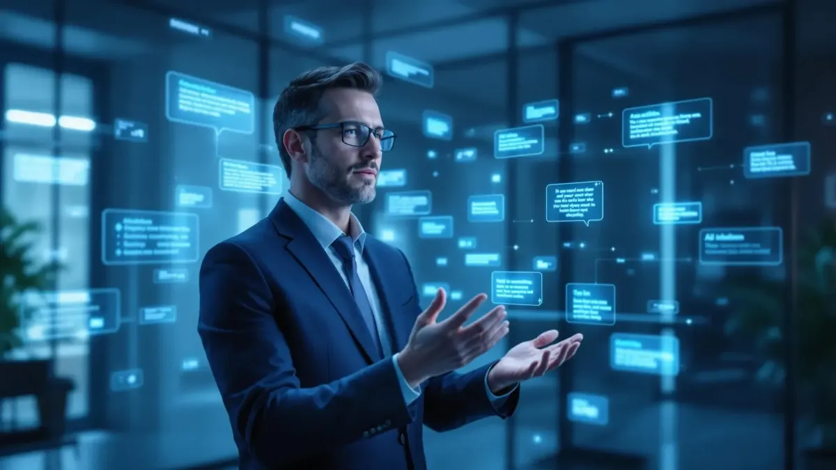 Business professional interacts with blue holographic digital displays, showcasing Novalution content creation apps and optimization tools in a modern office.