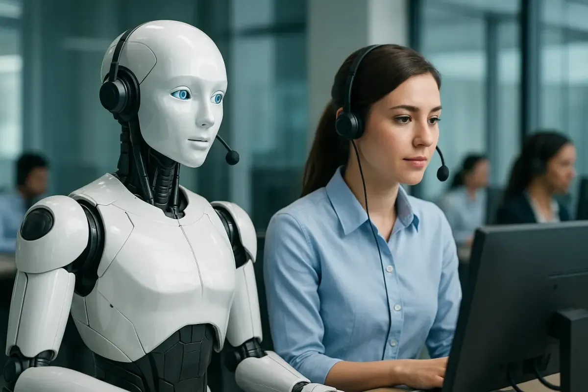 “AI voice receptionist robot working alongside a human call center agent in 2025, symbolizing human-AI collaboration in customer service.”