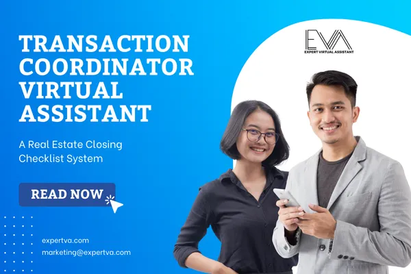 Transaction coordinator virtual assistant real estate closing checklist cover with Expert VA branding, two professionals, and ‘Read Now’ button on blue background.