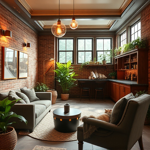 Alt Text: Art Deco style illustration of a transformed basement for a blog cover on "Basement Remodeling Contractors in Ridgefield Park, New Jersey." The image features an ornate bar area with geometric patterns, polished wood, and mirrored surfaces. A cozy reading nook with a plush armchair and textured throw is highlighted, alongside a sleek floor lamp. Built-in shelves display books and decorative items, adding warmth. The background includes large stylized windows revealing a peaceful suburban neighborhood with greenery. The color palette combines soft earthy tones, including warm taupe, muted olive greens, and rich navy, accented with metallic gold. The overall mood balances professionalism and creativity, inviting potential homeowners to envision a refined basement transformation.