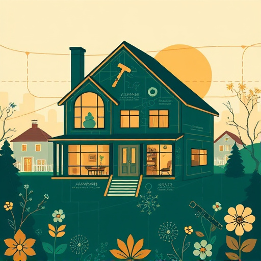A surreal depiction of a whimsical room addition under construction in Northvale, New Jersey, featuring a dreamlike suburban landscape. Traditional Victorian houses blend into fantastical shapes with exaggerated, swirling roofs and oversized windows glowing warmly. Playful animals, such as foxes in hard hats and rabbits with measuring tapes, navigate the scene, adding humor. Brightly colored flowers in vivid blues and purples sprout with petals resembling toolboxes and hammers. Above, fluffy clouds morph into abstract construction tools against a vibrant coral and teal sky. An oversized sun with a gentle smile casts soft light, with its rays transforming into pixelated ribbons of color. This artwork embodies adventure and imagination, showcasing creativity in home expansion and evoking curiosity and wonder through a palette of cheerful yellows, calming blues, and vivid accents, perfectly aligning with themes of room additions and renovations.