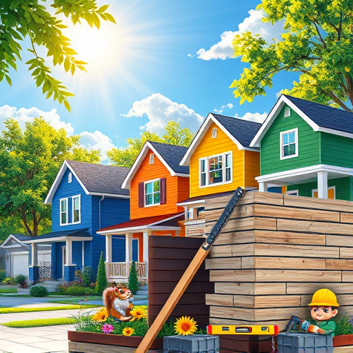 Alt text: A conceptual art piece titled "Home Remodeling Ideas in Glen Rock, New Jersey" depicts a cozy suburban street with unique homes blending modern and traditional styles. One house features a bright blue door with yellow accents and lush green shrubbery, while another has a sleek glass extension. The foreground showcases a whimsical garden with colorful gnomes, blooming flowers, and a wooden wheelbarrow filled with vibrant plants and tools, hinting at home projects. The sky is a serene pastel of pink and lavender, creating an inviting atmosphere. Distinctive Glen Rock landmarks subtly appear in the background, enhancing local flavor. The warm earth tones and cheerful colors reflect creativity and community spirit, inspiring viewers to consider their own home remodeling ideas.