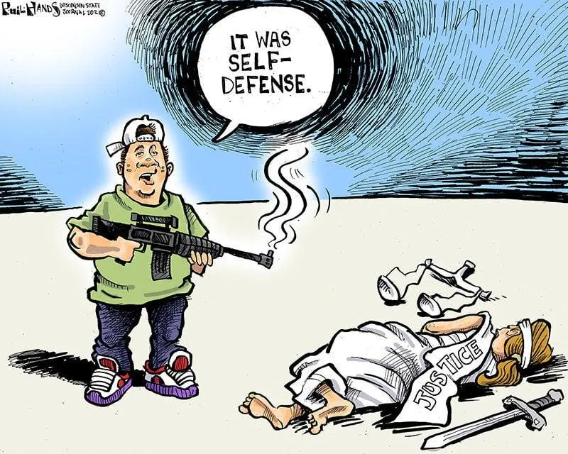 cartoon of man holding smoking gun and standing over lady justice who he just shot