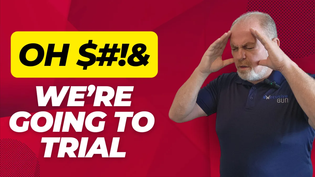youtube thubnail reading "oh $#!& we're going to trial"