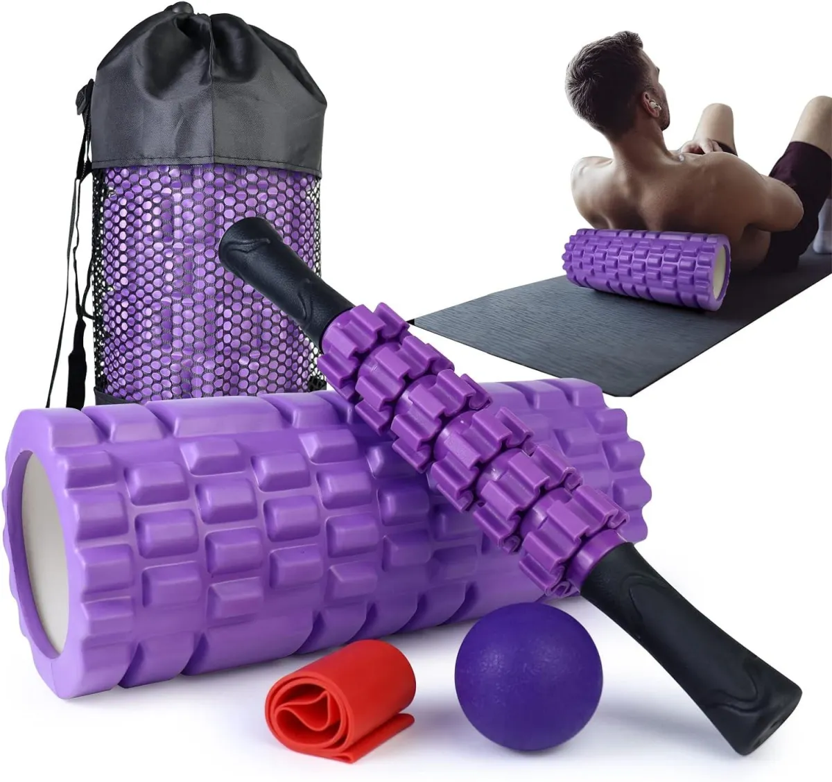 5 in 1 Foam Roller Set for Deep Tissue Muscle Massage, Trigger Point Fitness Exercise Foam Roller, Massage Roller, Massage Ball, Stretching Strap, for Whole Body (Purple)