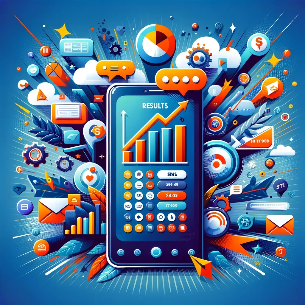 Cover image for a blog on business results from SMS marketing, showing a smartphone with vibrant text messages, icons for business growth and customer interaction, set against a dynamic backdrop representing the impact of SMS marketing.