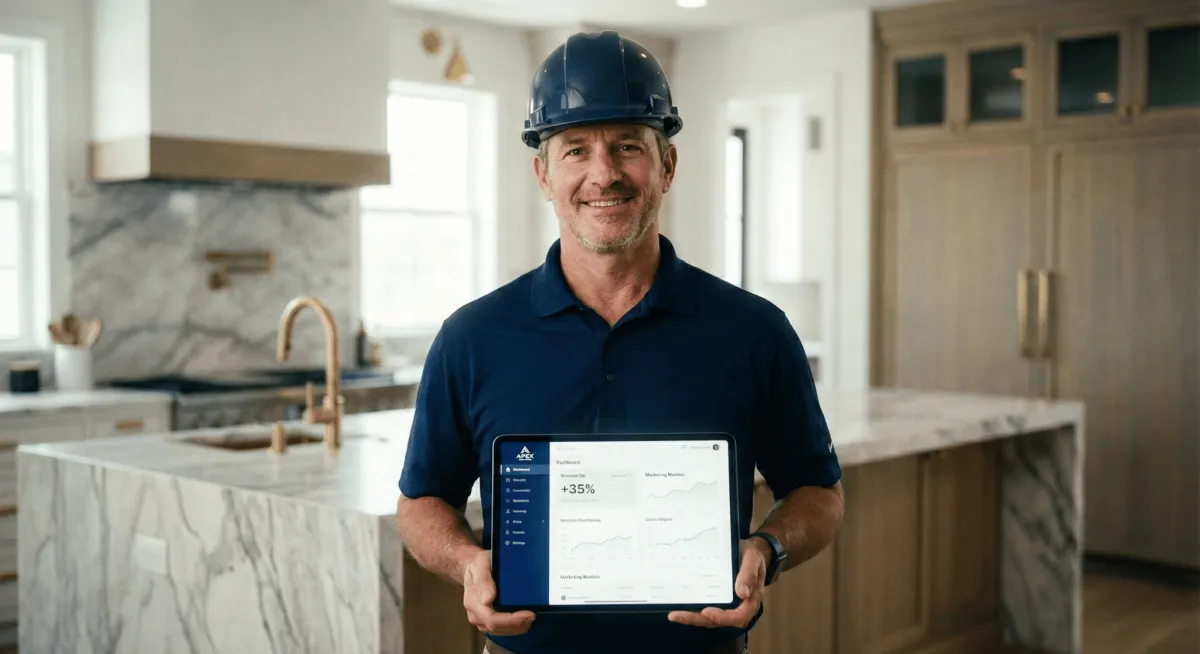 Successful business owner using a crm for contractors on a tablet to track revenue and marketing growth at a luxury renovation site.
