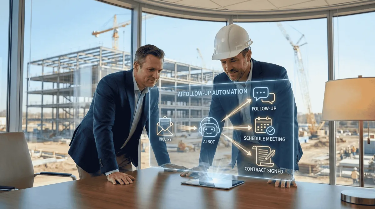A contractor in an office overlooking a construction site views a digital holographic display showing a streamlined workflow, illustrating how AI follow-up automation helps enterprise contractors secure commercial leads and contracts.