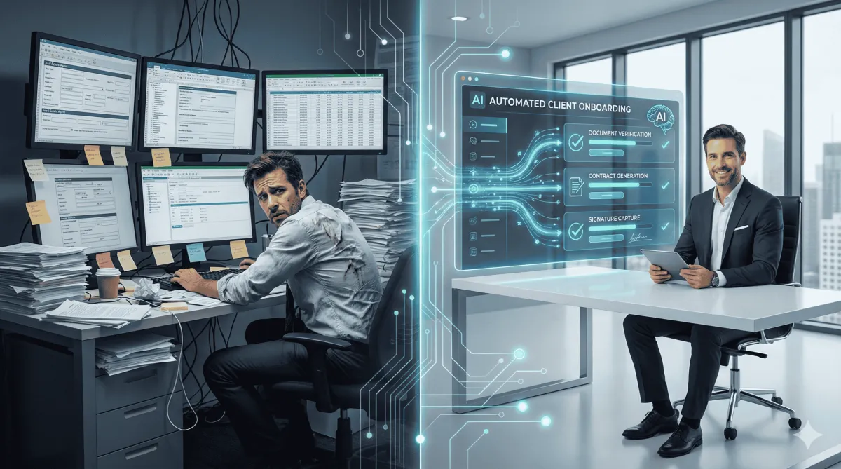 AI workflow automation for real estate showing before and after comparison: stressed agent with paperwork versus calm agent using automated onboarding dashboard