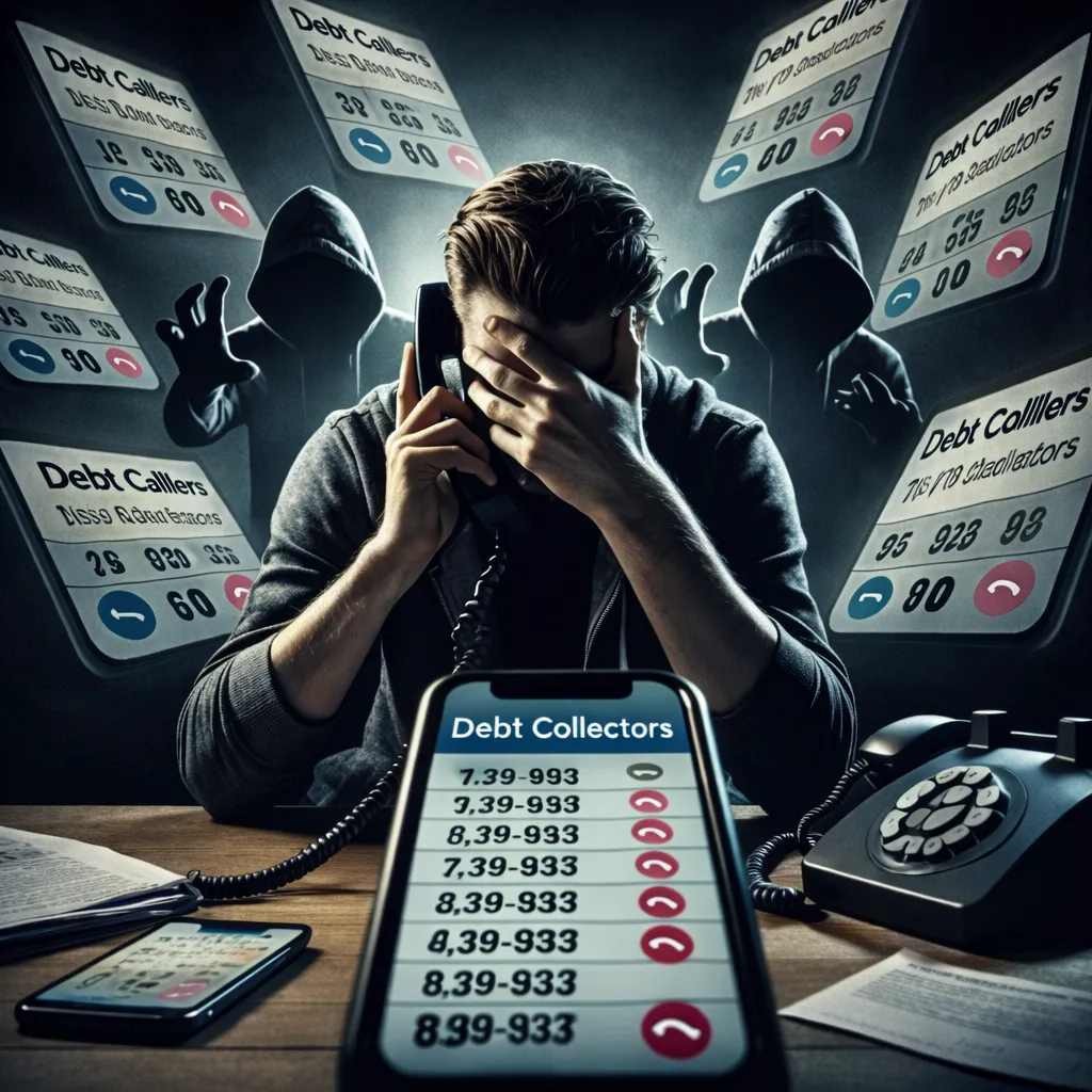 Stressed man holding a phone at a desk while surrounded by multiple incoming debt collector calls, symbolizing harassment and financial pressure.