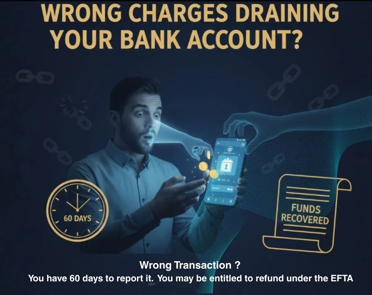 Graphic from Tariq Law PC showing a shocked man looking at his phone as digital hands drain money, with text reading “Wrong charges draining your bank account?” highlighting EFTA rights, 60-day reporting deadline, and potential funds recovery for unauthorized bank transactions.