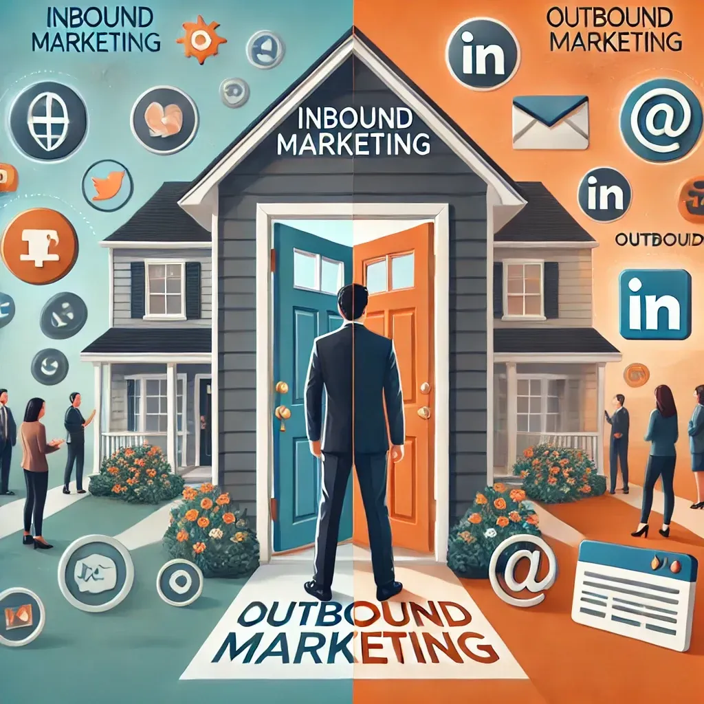 A split-screen illustration comparing inbound and outbound marketing. One side shows people entering a welcoming home (inbound), while the other depicts a person knocking on doors (outbound), with symbols representing various marketing tactics.