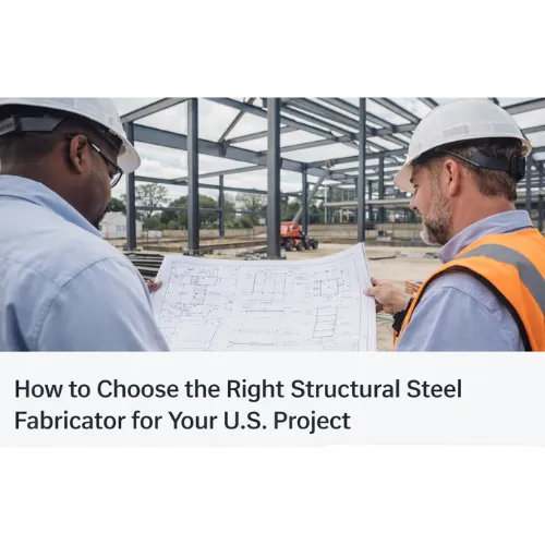 Engineers reviewing structural steel fabrication drawings at a U.S. construction site