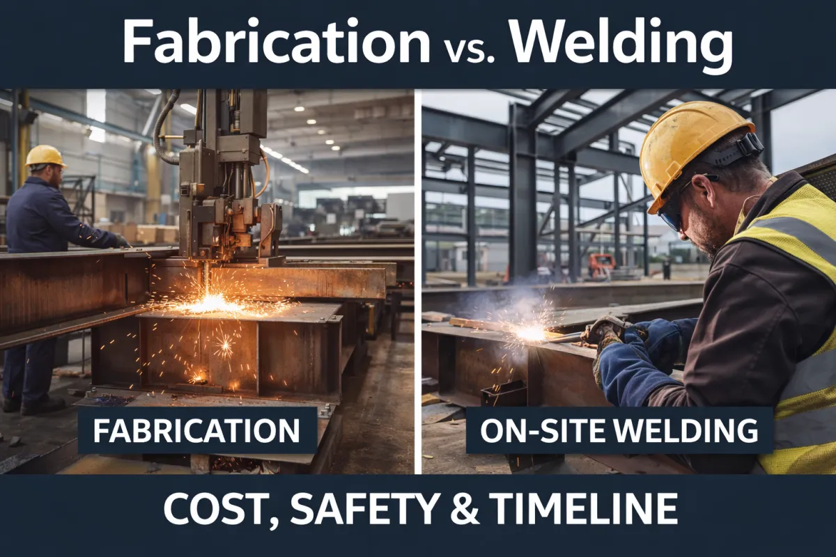 Structural steel fabrication vs. field welding showing cost, safety, and timeline differences