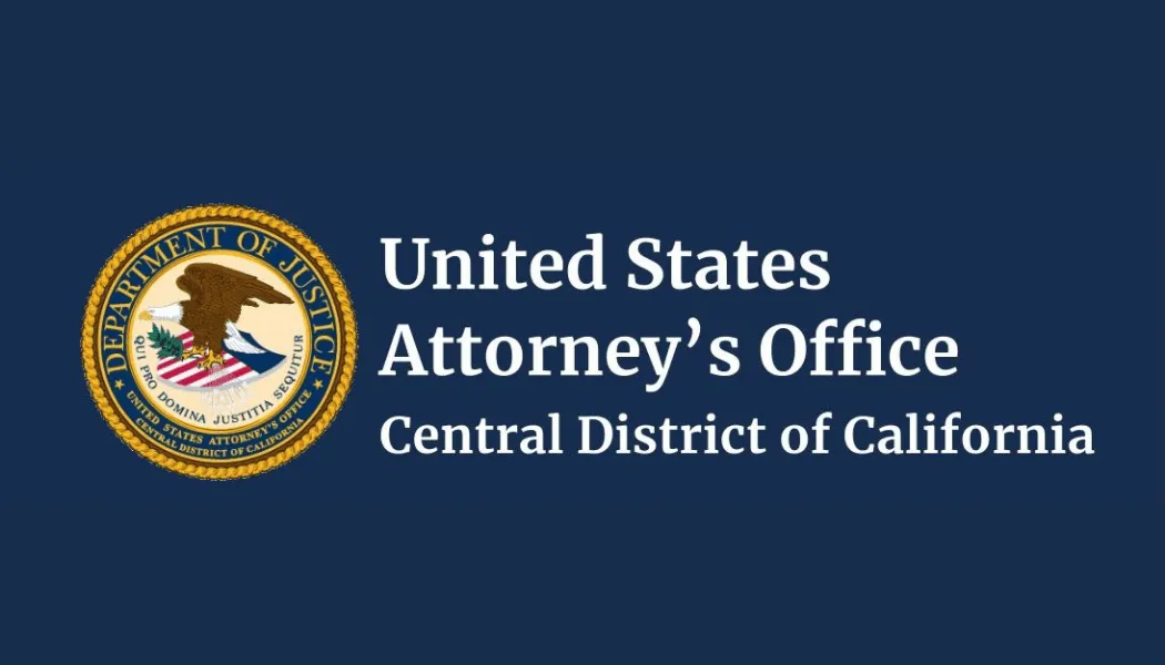 United States Attorney’s Office Central District of California official seal and title on a dark blue background, representing federal prosecution authority, Department of Justice enforcement, and U.S. government oversight in California legal and criminal cases.