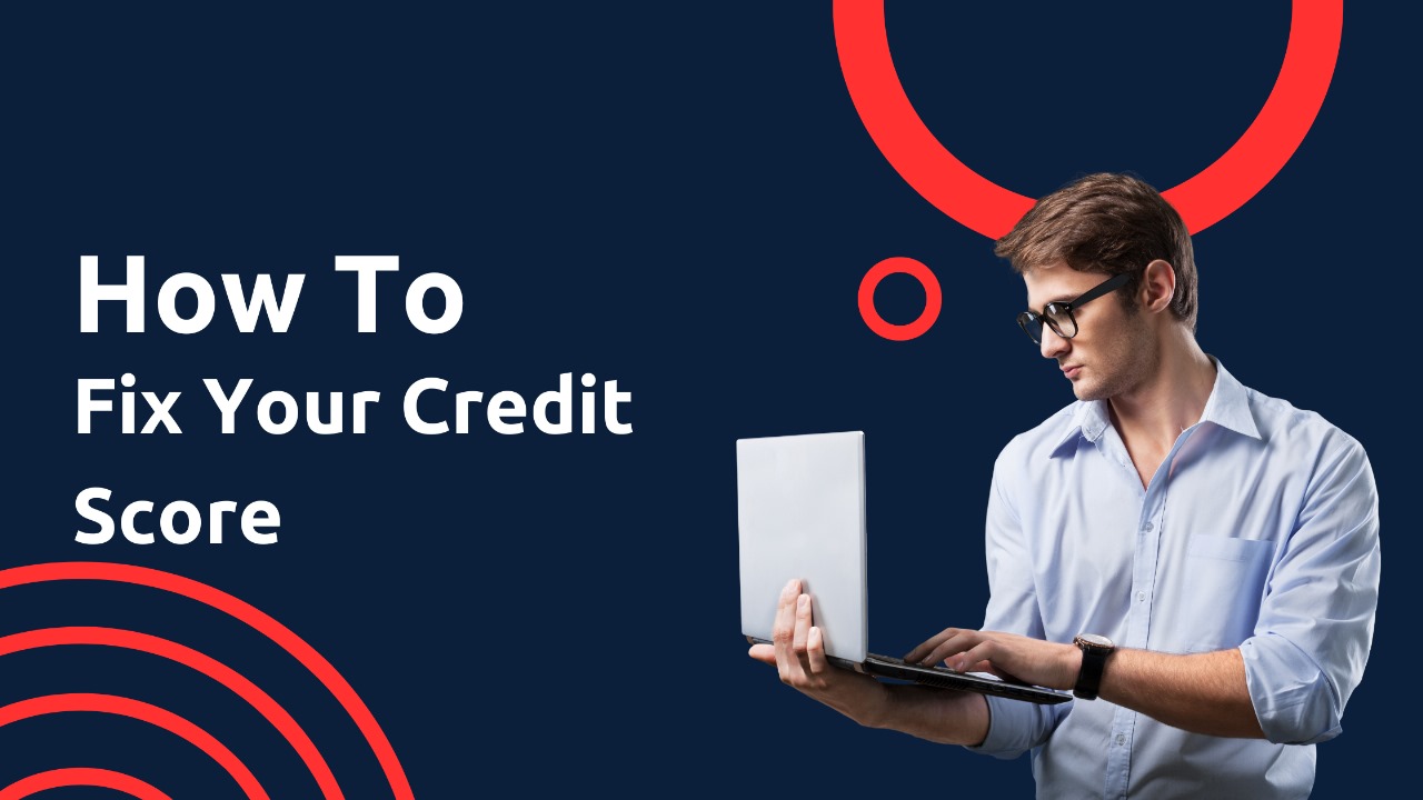 Option	Alt Text Concise	Man looking at a laptop with the text "How To Fix Your Credit Score" on a dark blue background with red circles. Standard	Graphic with a man in a light blue shirt and glasses looking down at a silver laptop he is holding. The title "How To Fix Your Credit Score" is in white text on the left, set against a dark blue background with red, circular graphic elements. Detailed/Contextual	A promotional graphic for a financial topic. A focused man wearing glasses and a light blue collared shirt holds and looks at a laptop. Large white text on the left reads "How To Fix Your Credit Score." The background is dark blue with bold red and white circular design elements.