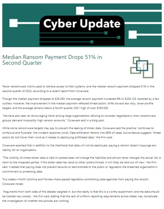 Cyber Update Median Ransom Payment Drops 51% in Second Quarter