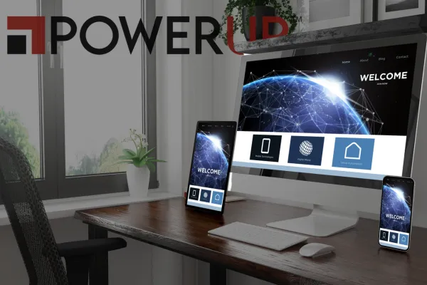 black and white desktop with three devices showing landing page